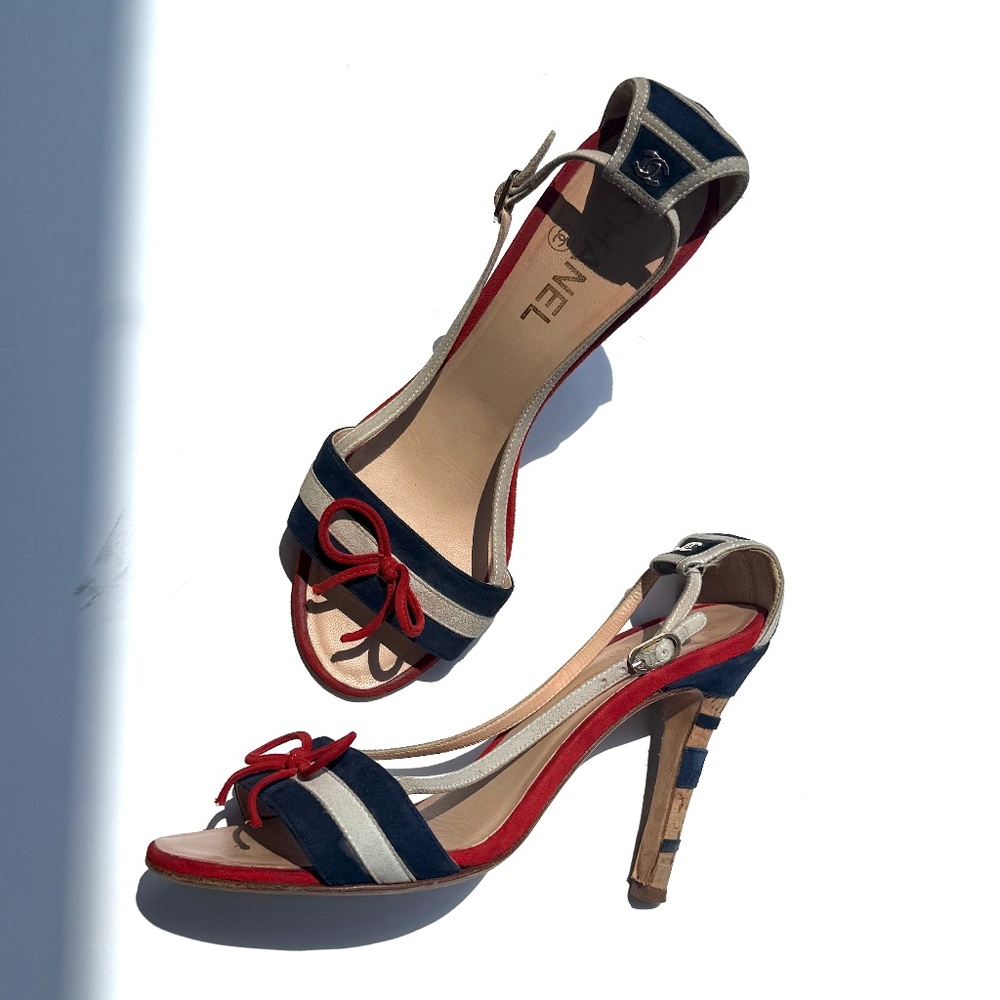 CHANEL Red Blue White Suede Bow CC Cork Heel Sandals Heels 37 6.5